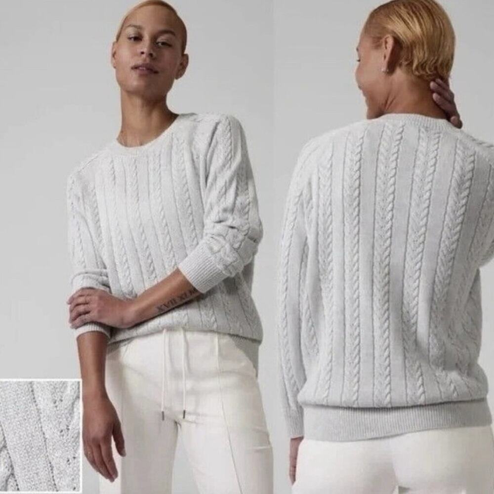 Athleta Crossroads Cable Knit Crew Sweater Bright White Metallic Size Small